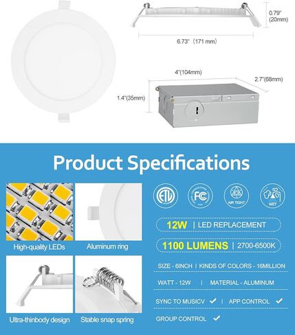 4 Inch Smart Recessed Light, APP Control Dimmable Recessed RGB led Lights, Ultra-Thin 9W 900LM Smart Can Lighting, Color Changing Recessed Light Compatible with Alexa/Google Assistant, 4pack in Saudi Arabia