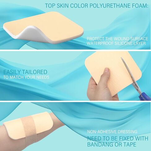10 Pcs Foam Wound Dressing Non Adhesive Hydrophilic Absorbent Silicone Foam Dressing Waterproof Bandage Cuttable Pads Without Border for Wounds Care 4"x4" in Saudi Arabia