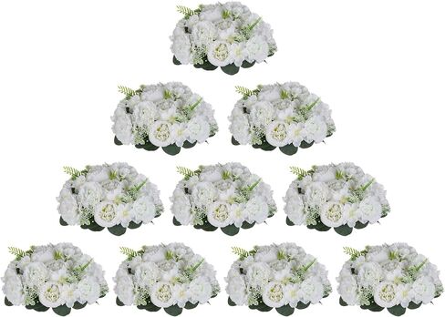 BLOSMON White Peony Flower Balls: 10pc 9.5 Inch Artificial Peonies Floral Arrangement Bouquet Wedding Centerpieces Decoration - Fake Silk Kissing Ball Center Piece Home Party Baby Shower Decor in Kuwait