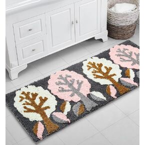 Green Pink Cute Bathroom Runner Rugs Spring Boho Floral Long Bath Mat Runner 18’’W x 45’’L Non Slip Heavy Duty Rubber Backed Absorbent, Retro Modern Mid Century Flower Leaf Bathroom Shower Floor Rug
