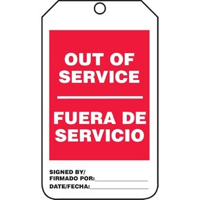 Accuform TSP505PTM RP-Plastic Bilingual Spanish Safety Tag, Legend "Out of Service/FUERA DE", 5.75" Length x 3.25" Width x 0.015" Thickness, Red/Black on White (Pack of 5)