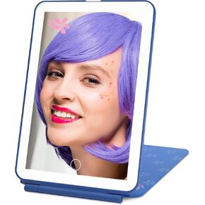 Impressions Vanity Disney Stitch TouchPad Mini LED Makeup Mirror for Purse, Ultra Slim Travel Mirror with Tri Tone Lights, Flip Cover, Adjustable Brightness, and Touch Screen Switch (Blue)