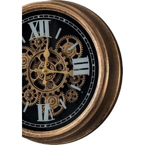 SOFE 14 Inch Wall Clock with Moving Gears, Round Silent Wall Clock Non Ticking, Antique Gold Metal Roman Numeral Clock for Wall, Quartz Battery Operated Wall Clock, Kitchen Clocks Wall Decorative