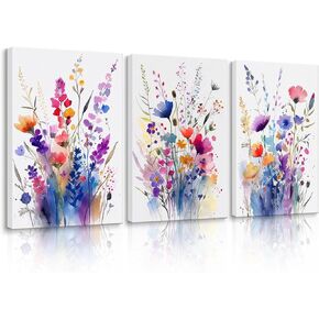 3Pcs Framed Flower Pictures Canvas Wall Art Floral Botanical Prints Wildflower Plant Pictures Wall Decor Floral Oil Paintings Posters Colorful Watercolor Floral Prints(12x16in x3Pcs Framed)