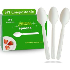 GreenWorks 200 Count Heavy-duty Compostable spoons, BPI Certified Large Disposable Flatware Utensils Spoon