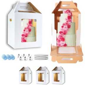 BOOMBE- Tall Cake Boxes 12 inch | 3 Pack 12x12x14 Tall cake boxes with cake boards | White Bakery Boxes with Window| Tall cake box | Tall Cake Carrier With Lid and Handle, TCB12X3