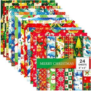 GLKTOPO 24 Sheets Christmas Theme Scrap Paper 6 inches One-Sided Cartoon Snowma Scrapbooking Supplies Set for DIY Album Material Background Junk Journal Decoration Crafts Gift Card Making Art Project