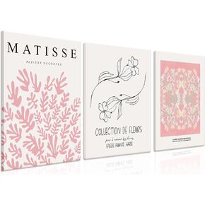 Matisse Abstract Canvas Wall Art Set of 3, Pink Flowers Posters Wall Decor, Modern Minimalist Flower Market Wall Art Prints for Living Room, Bedroom, Home Office Decor - 12x16in Framed