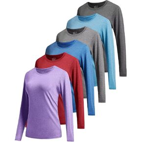 6 Pack Long Sleeve Workout Tops for Women Moisture Wicking Sun Protection Athletic Running Performance Shirts