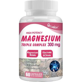 Triple Magnesium Complex, 300mg of Magnesium Glycinate, Malate & Citrate for Muscles, Nerves, Bone & Energy | Vegan, Non-GMO | 60 Capsules