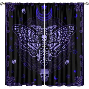 Gothic Curtain,Purple Moths Moon Skull Curtain,Halloween Rod Pocket Window Drapes for Kid Teen Boy Bedroom Home Decor,Window Curtain for Living Room Kitchen 2 Panel 42x45 Inch