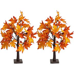 Dazzle Bright 2 Pack 24 Inch Lighted Thanksgiving Fall Maple Tree Decor, 24 LED Battery Operated Decorations Artificial Tree with Timer for Indoor Home Room Holiday Xmas Party