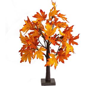 Dazzle Bright 2 Pack 24 Inch Lighted Thanksgiving Fall Maple Tree Decor, 24 LED Battery Operated Decorations Artificial Tree with Timer for Indoor Home Room Holiday Xmas Party
