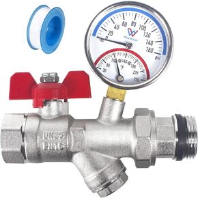 WiseWater 1'' NPT Stainless Steel Ball Valve with Strainer Mesh Filter, PEX Manifold Ball Valve with 2.48'' Hot Water Thermometer and Pressure Gauge for Radiant Floor Heat PEX Manifold Loops