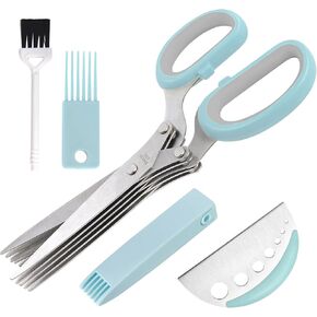 Herb Cutter Scissors 5 Blade Scissors Kitchen Multipurpose Cutting Shear with 5 Stainless Steel Blades & Safety Cover & Cleaning Comb Cilantro Scissors Sharp Shredding Shears Christmas Gift (blue)