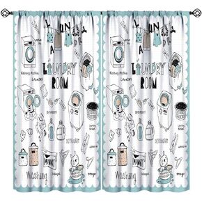 JESTRONRY Laundry Room Curtains,Dry Wash Fold Repeat Grey Blue White Brown Farmhouse Wood Window Treatments Bedroom Living Room Curtain, Home Decor Rod Pocket Window Drapes 42x63 Inch Blackout