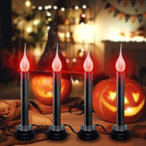 Abeja 2 Pack Halloween Black Electric Window Candles, Flicker Flame Black Candle Lamp with 4 C18 Orange Flame Bulbs(2 Spare), Plug in Flickering Taper Candle for Party Halloween Indoor Decoration