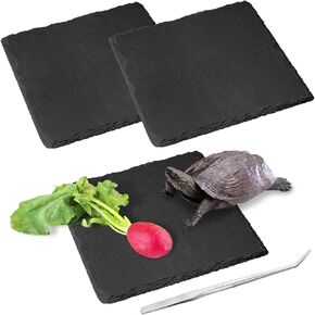 Reptile Basking Platform, Tortoise Feeding Dish, Rock Reptile Food Bowl with Feeding Tweezers Landscape Habitat Decor for Turtle Lizard Bearded Dragon Crested Gecko Snake (3 PCS)