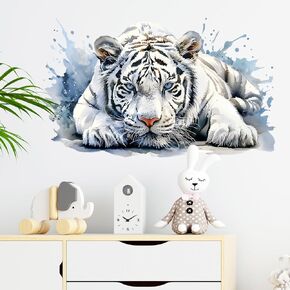 Cool Watercolor Lying White Tiger Wall Decal Nursery Animal Wall Sticker Removable Peel and Stick Wall Art Decor for Kid Baby Classroom Preschool Living Room Playroom Bedroom School