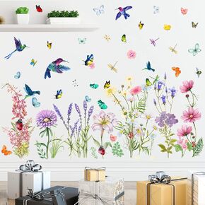 Amaonm Colorful Spring Flowers Wall Stickers Removable DIY Lily Daisy Lavender With Butterfly Dragonfly Birds Plants Wall Decals 3D Peel and Stick Home art Decor for Girls Teens Nursery Baby Bedroom