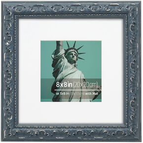 8x8 inch Distressed Wood Embossed Scroll Motif Vintage Antique Rustic Picture Frame, White Mat for 5x5 in Photo, Art Print Drawing, Wall Hanging or Desktop Display-Antique Gold