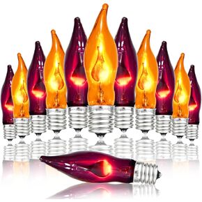 12 Pack Orange and Purple Light Bulbs Halloween Flame Light Bulbs E12 Base, C18 Flickering Flame Light Bulbs for Indoor Outdoor Halloween C7 String Lights Electric Candle Bulbs Replacement - 1W