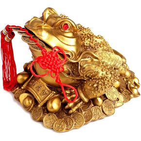Brass Feng Shui Money Frog (Three Legged Wealth Frog or Money Toad) Statue + Set of 5 Lucky Charm Ancient Coins on Red String,Feng Shui Decor