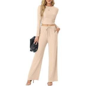 Women's Two Piece Outfits Lounge Sets Long Sleeve Ruched Top & Wide Leg High Waist Pants with pockets