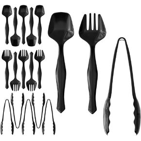 18 Pcs Black Plastic Serving Utensils - 6 Black Plastic Serving Spoons - 6 Black Plastic Tongs For Serving - 6 Plastic Serving Forks - Heavy Duty Black Disposable Serving Utensils Set For Parties