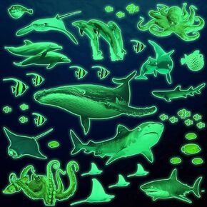Amaonm Removable Glow in The Dark Ocean Animals Wall Sticker Glowing Under The Sea Fish Wall Decal Peel and Stick Luminous Whale, Shark, Squid Art Decor for Kids Baby Boy and Girl Bedroom Nursery