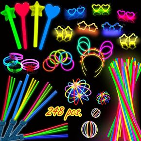 Glow Sticks Party Pack - 248 PCS That Includes, 100 Pcs 8 Inch Glow sticks, 6 Pcs Glow Sticks Wands – Create Glow In The Dark Necklaces, Bracelets. Neon Light Sticks Decoration For Parties Favors Glow