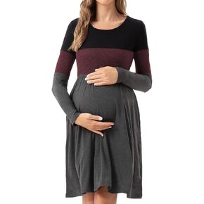 Bearsland Women’s Maternity Dresses with Pocket | Long Sleeve Scoop Neck Pregnancy Dress in Kuwait
