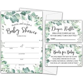 Baby Shower Invitation Kit, Diaper Raffle Games, Books For Baby, Boho Floral Baby Gender Reveal Fill In Invites Cards, Each Design 25 Cards & 25 Envelopes （A Total of 100 set）- BABYSET-018