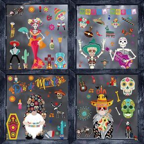 Halloween Window Clings for Kids Mexican Dia de Los Muertos Party Supplies Skull Skeleton Halloween Window Stickers Decals Guitar Decor Window Stickers for Home Walls Design Decals 9PCS