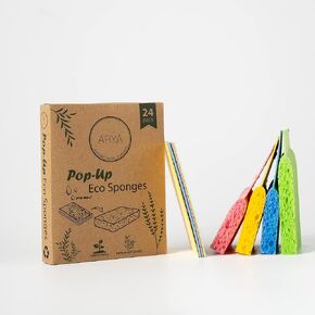 | Pop-Up Eco Sponges 24 Pack | Natural Cellulose | Compostable & Biodegradable | Compressed Kitchen & Bathroom Sponges | Plastic-Free & Non-Scratch (24)