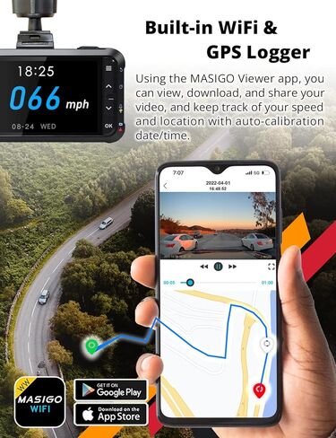كاميرا قياس أمامية وخلفية من MASIGO A330D - كاميرا داش مزدوجة 1080 بكسل 60 إطارًا في الثانية للسيارات المزودة بواي فاي ونظام تحديد المواقع والسرعة، رؤية ليلية Stavis، وضع وقوف السيارات بمستشعر G، تسجيل الطوارئ، تطبيق مجاني، دعم 512 جيجابايت كحد أقصى in Kuwait