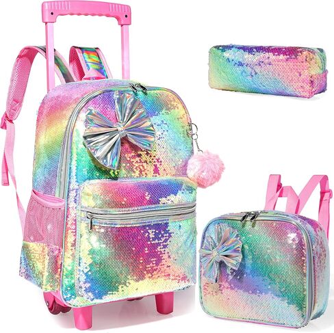 kids Rolling Kid Travel Toddler Duffle Bag Bow Tie Backpack for Girls Carry on Luggage Roller Computer Suitcase with Pencil Case and Lunch Box Wheels Wheeled Sequins Backpacks Girls Gradient Pink in Saudi Arabia