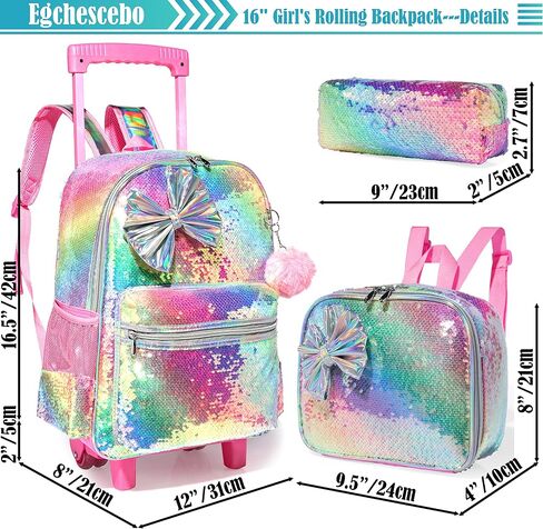 kids Rolling Kid Travel Toddler Duffle Bag Bow Tie Backpack for Girls Carry on Luggage Roller Computer Suitcase with Pencil Case and Lunch Box Wheels Wheeled Sequins Backpacks Girls Gradient Pink in Saudi Arabia