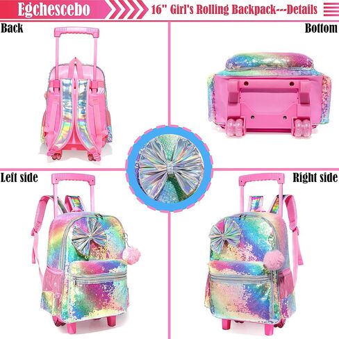 kids Rolling Kid Travel Toddler Duffle Bag Bow Tie Backpack for Girls Carry on Luggage Roller Computer Suitcase with Pencil Case and Lunch Box Wheels Wheeled Sequins Backpacks Girls Gradient Pink in Saudi Arabia