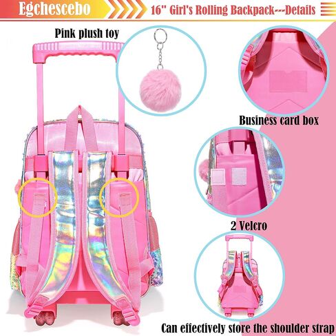 kids Rolling Kid Travel Toddler Duffle Bag Bow Tie Backpack for Girls Carry on Luggage Roller Computer Suitcase with Pencil Case and Lunch Box Wheels Wheeled Sequins Backpacks Girls Gradient Pink in Saudi Arabia