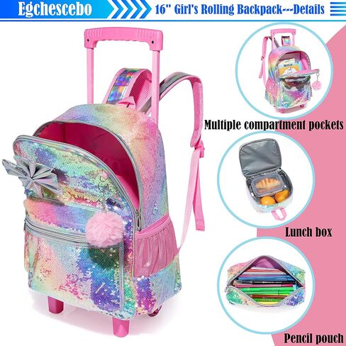 kids Rolling Kid Travel Toddler Duffle Bag Bow Tie Backpack for Girls Carry on Luggage Roller Computer Suitcase with Pencil Case and Lunch Box Wheels Wheeled Sequins Backpacks Girls Gradient Pink in Saudi Arabia