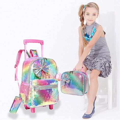 kids Rolling Kid Travel Toddler Duffle Bag Bow Tie Backpack for Girls Carry on Luggage Roller Computer Suitcase with Pencil Case and Lunch Box Wheels Wheeled Sequins Backpacks Girls Gradient Pink in Saudi Arabia