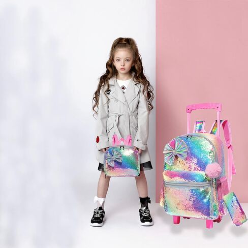 kids Rolling Kid Travel Toddler Duffle Bag Bow Tie Backpack for Girls Carry on Luggage Roller Computer Suitcase with Pencil Case and Lunch Box Wheels Wheeled Sequins Backpacks Girls Gradient Pink in Saudi Arabia