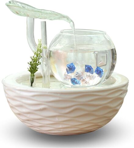 crapelles Transparent Glass Leaves Waterfall Fish Tank with Colorful Shine,Ceramic bolw,Tabletop Indoor Fountain Small Aquarium House Office Decor, Wedding Gift Idea Modern European Style in Kuwait