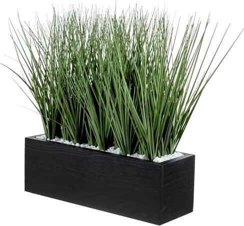 MyGift 12 Inch Artificial Green Grass Plants in Rustic Black Solid Wood Planter Box, Faux Greenery Plant Centerpiece in Decorative Rectangular Wooden Container in Saudi Arabia