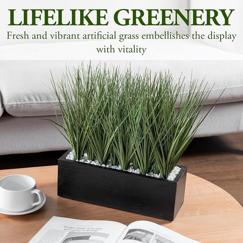 MyGift 12 Inch Artificial Green Grass Plants in Rustic Black Solid Wood Planter Box, Faux Greenery Plant Centerpiece in Decorative Rectangular Wooden Container in Saudi Arabia