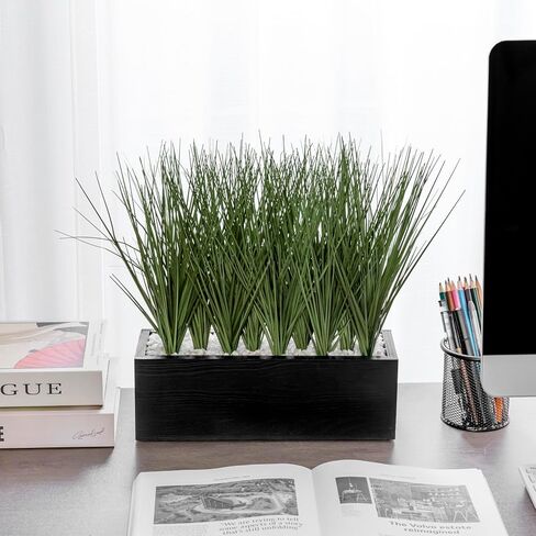 MyGift 12 Inch Artificial Green Grass Plants in Rustic Black Solid Wood Planter Box, Faux Greenery Plant Centerpiece in Decorative Rectangular Wooden Container in Saudi Arabia
