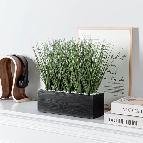 MyGift 12 Inch Artificial Green Grass Plants in Rustic Black Solid Wood Planter Box, Faux Greenery Plant Centerpiece in Decorative Rectangular Wooden Container in Saudi Arabia