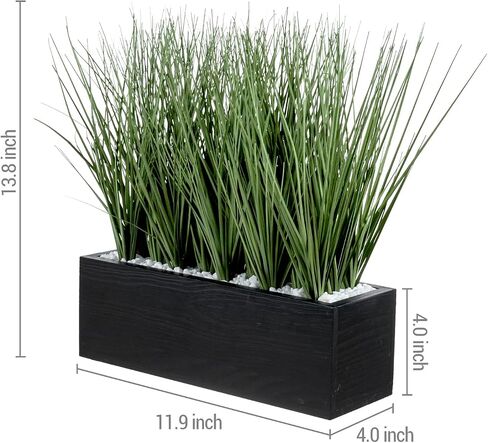 MyGift 12 Inch Artificial Green Grass Plants in Rustic Black Solid Wood Planter Box, Faux Greenery Plant Centerpiece in Decorative Rectangular Wooden Container in Saudi Arabia