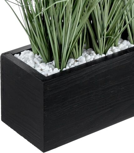 MyGift 12 Inch Artificial Green Grass Plants in Rustic Black Solid Wood Planter Box, Faux Greenery Plant Centerpiece in Decorative Rectangular Wooden Container in Saudi Arabia